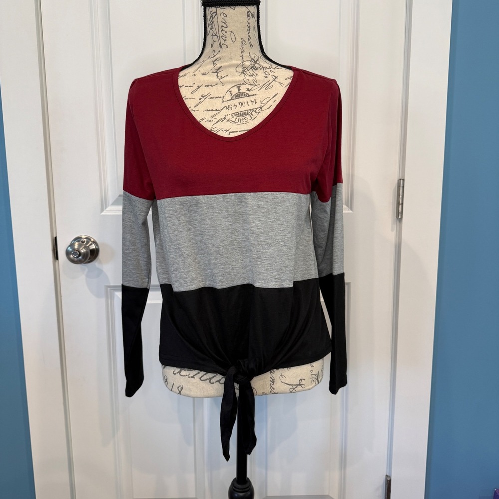 SHEIN Women Colorblock Tie Front Long‎ Sleeve V-Neck Top Size Small